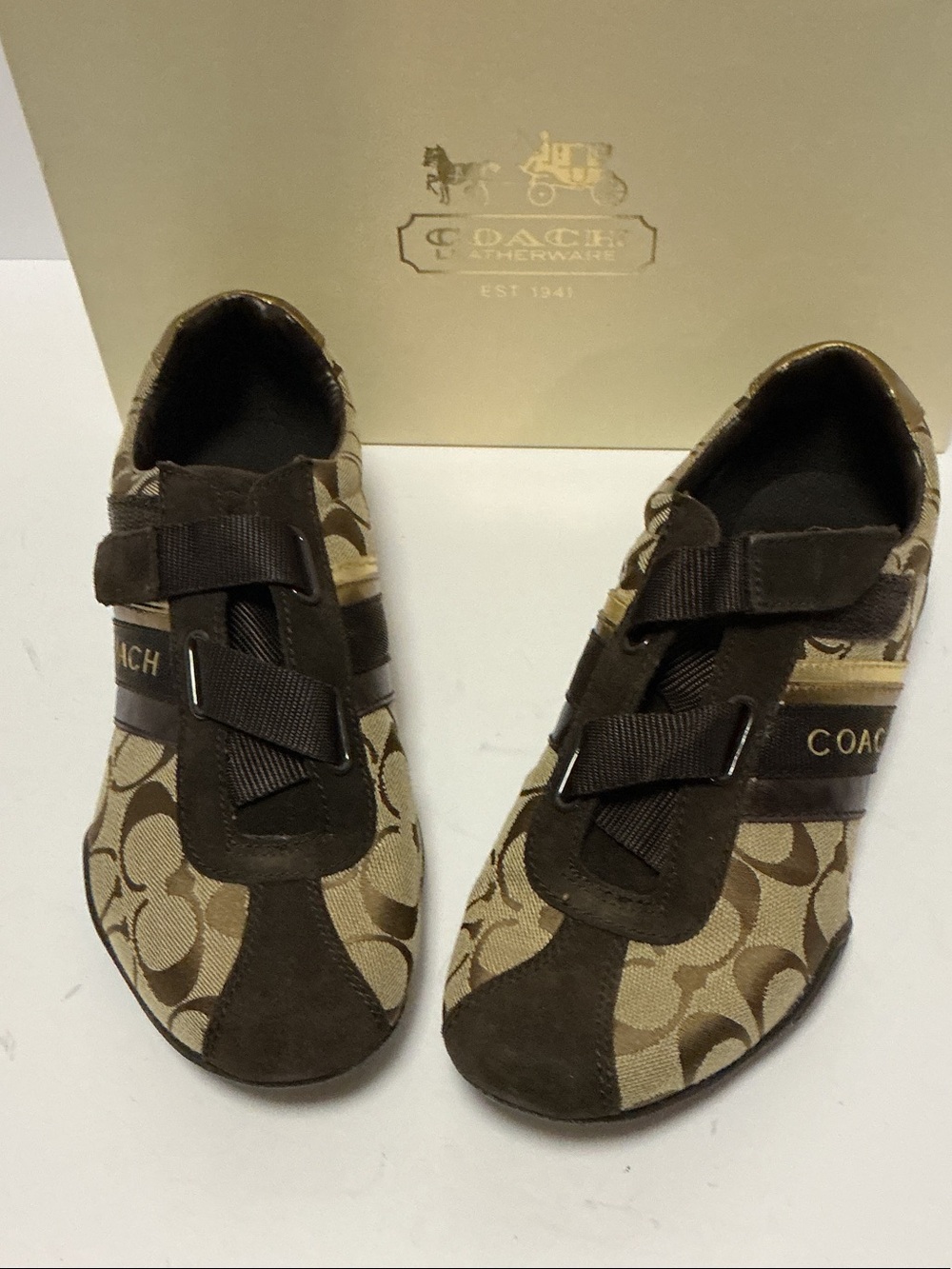 Coach Brown and Tan Monogram Velcro Sneakers - Picture 8 of 9
